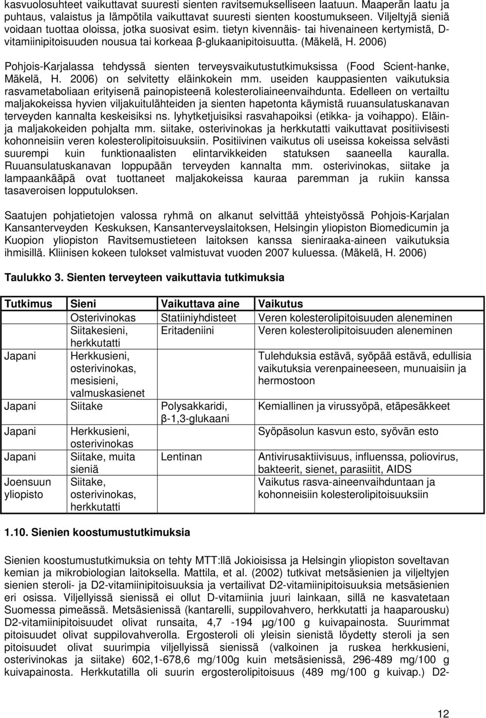 2006) Pohjois-Karjalassa tehdyssä sienten terveysvaikutustutkimuksissa (Food Scient-hanke, Mäkelä, H. 2006) on selvitetty eläinkokein mm.