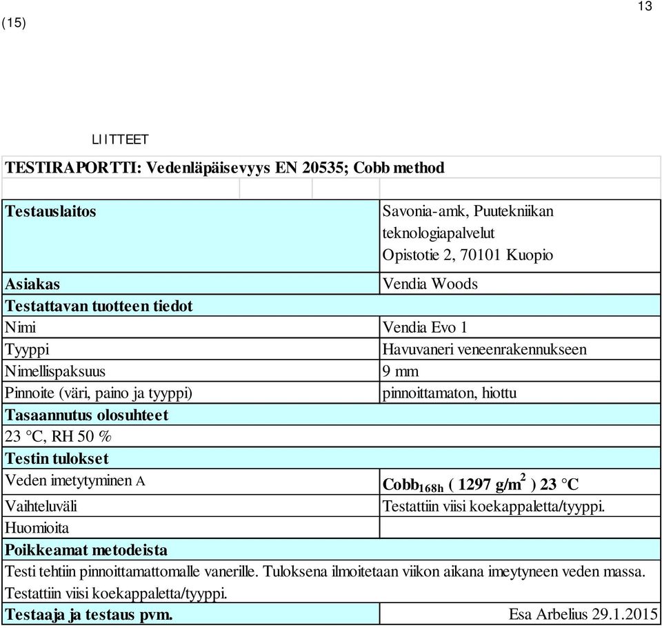 Havuvaneri veneenrakennukseen 9 mm pinnoittamaton, hiottu Cobb 168h ( 1297 g/m 2 ) 23 C Testattiin viisi koekappaletta/tyyppi.