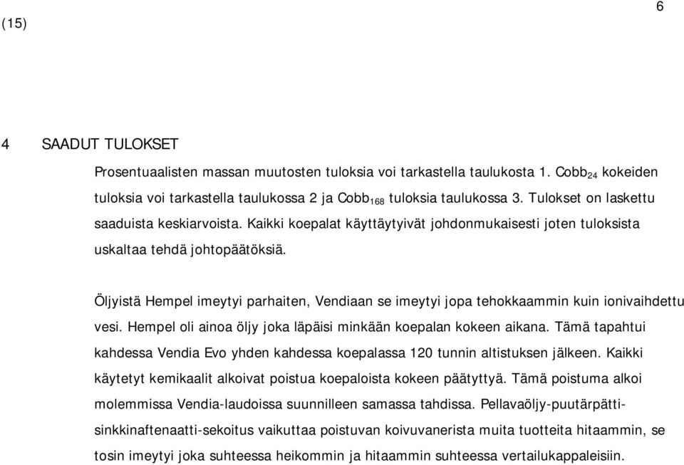 Öljyistä Hempel imeytyi parhaiten, Vendiaan se imeytyi jopa tehokkaammin kuin ionivaihdettu vesi. Hempel oli ainoa öljy joka läpäisi minkään koepalan kokeen aikana.