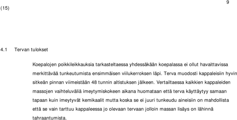 Vertailtaessa kaikkien kappaleiden massojen vaihteluväliä imeytymiskokeen aikana huomataan että terva käyttäytyy samaan tapaan kuin imeytyvät