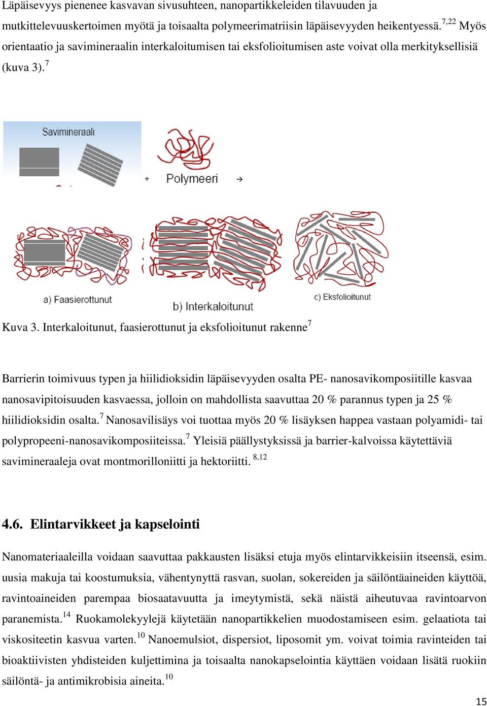 Interkaloitunut, faasierottunut ja eksfolioitunut rakenne 7 Barrierin toimivuus typen ja hiilidioksidin läpäisevyyden osalta PE- nanosavikomposiitille kasvaa nanosavipitoisuuden kasvaessa, jolloin on