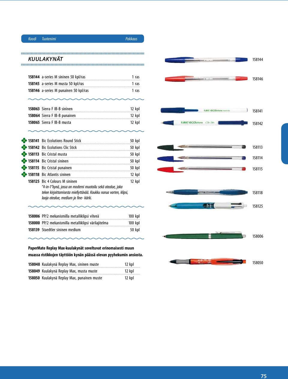 musta 50 kpl 158114 Bic Cristal sininen 50 kpl 158115 Bic Cristal punainen 50 kpl 158118 Bic Atlantis sininen 12 kpl 158125 Bic 4 Colours M sininen 12 kpl 4-in-1 kynä, jossa on moderni muotoilu sekä