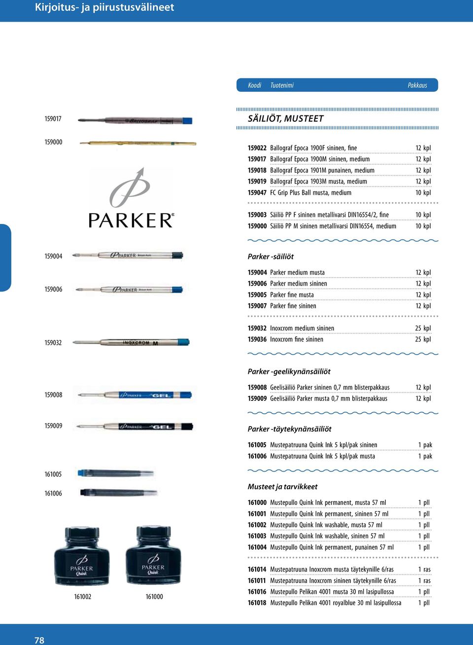 10 kpl 159000 Säiliö PP M sininen metallivarsi DIN16554, medium 10 kpl 159004 159006 Parker -säiliöt 159004 Parker medium musta 12 kpl 159006 Parker medium sininen 12 kpl 159005 Parker fine musta 12