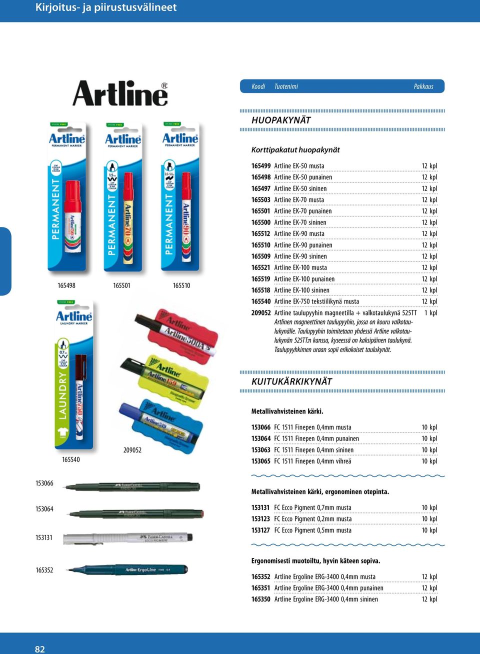 165509 Artline EK-90 sininen 12 kpl 165521 Artline EK-100 musta 12 kpl 165519 Artline EK-100 punainen 12 kpl 165518 Artline EK-100 sininen 12 kpl 165540 Artline EK-750 tekstiilikynä musta 12 kpl