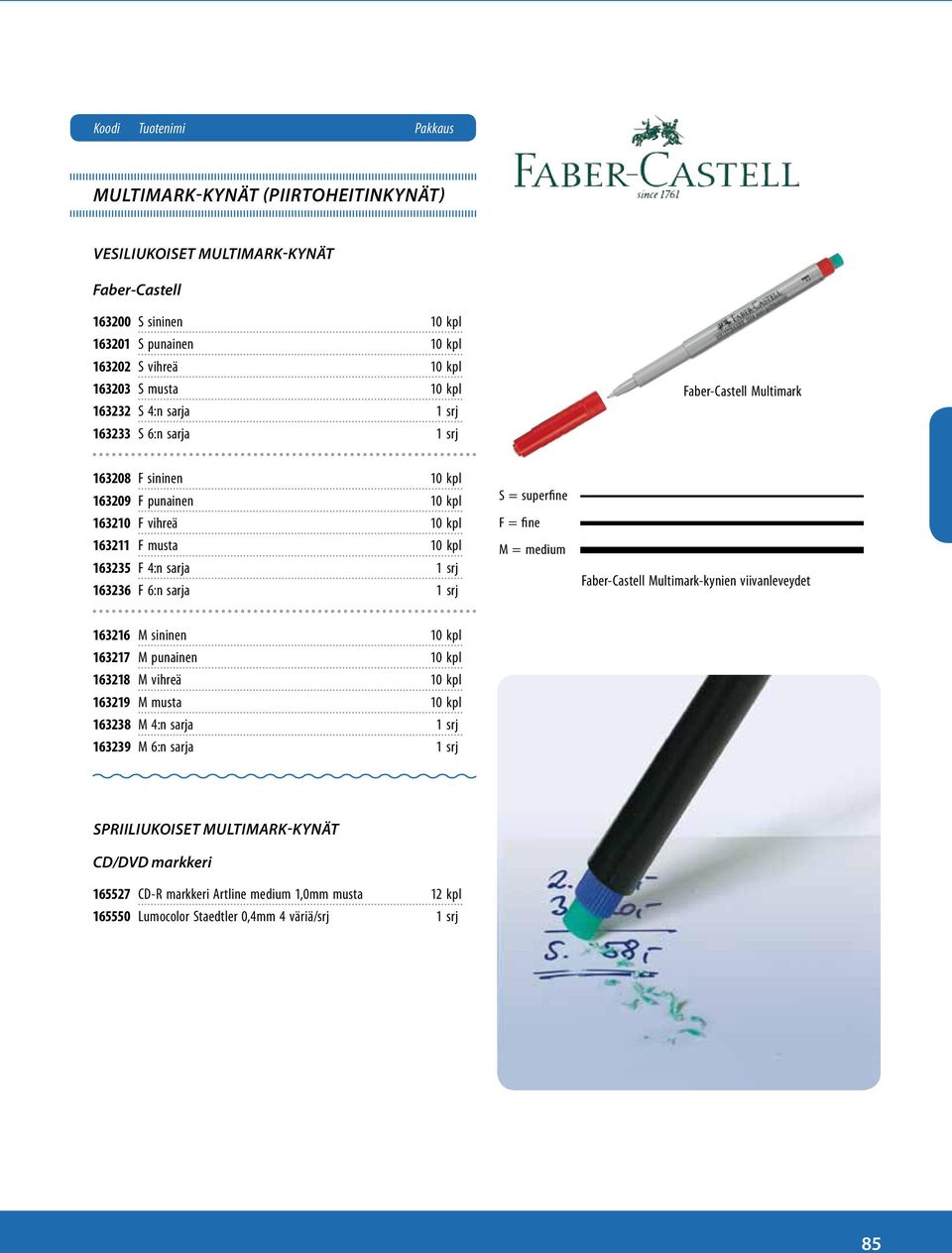 163236 F 6:n sarja 1 srj S = superfine F = fine M = medium Faber-Castell Multimark-kynien viivanleveydet 163216 M sininen 10 kpl 163217 M punainen 10 kpl 163218 M vihreä 10 kpl 163219 M musta 10 kpl