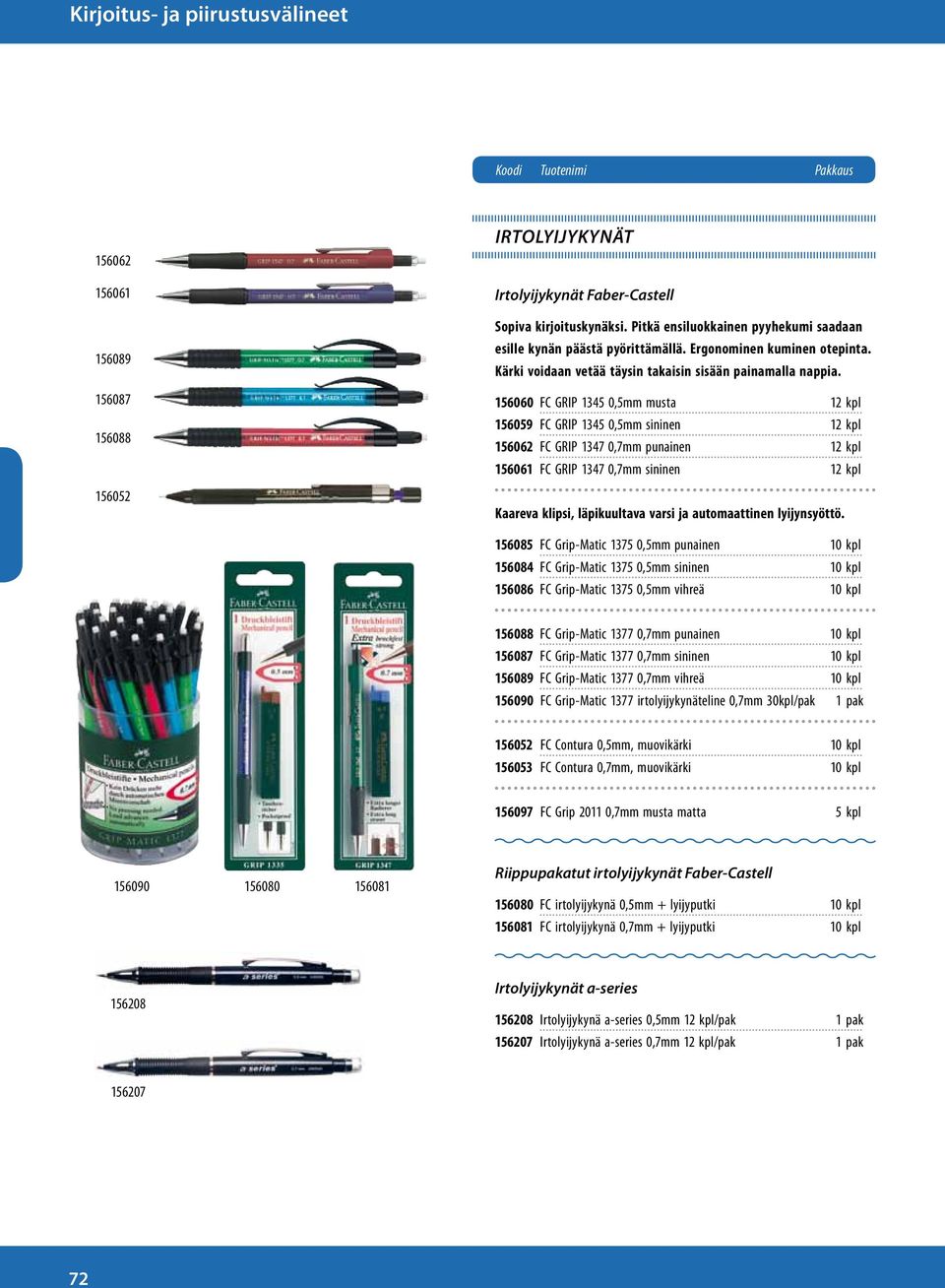 156060 FC GRIP 1345 0,5mm musta 12 kpl 156059 FC GRIP 1345 0,5mm sininen 12 kpl 156062 FC GRIP 1347 0,7mm punainen 12 kpl 156061 FC GRIP 1347 0,7mm sininen 12 kpl Kaareva klipsi, läpikuultava varsi