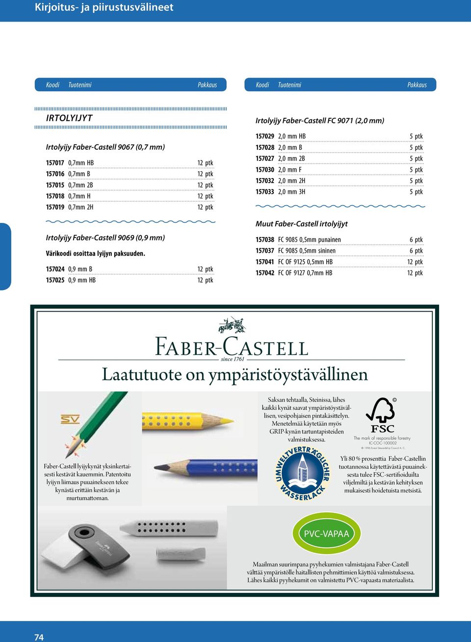 ptk 157033 2,0 mm 3H 5 ptk Muut Faber-Castell irtolyijyt Irtolyijy Faber-Castell 9069 (0,9 mm) Värikoodi osoittaa lyijyn paksuuden.