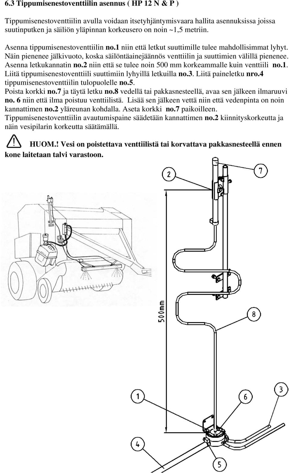 Asenna letkukannatin no.2 niin että se tulee noin 500 mm korkeammalle kuin venttiili no.1. Liitä tippumisenestoventtiili suuttimiin lyhyillä letkuilla no.3. Liitä paineletku nro.