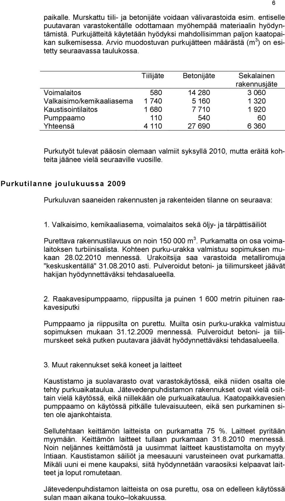 6 Tiilijäte Betonijäte Sekalainen rakennusjäte Voimalaitos 580 14 280 3 060 Valkaisimo/kemikaaliasema 1 740 5 160 1 320 Kaustisointilaitos 1 680 7 710 1 920 Pumppaamo 110 540 60 Yhteensä 4 110 27 690