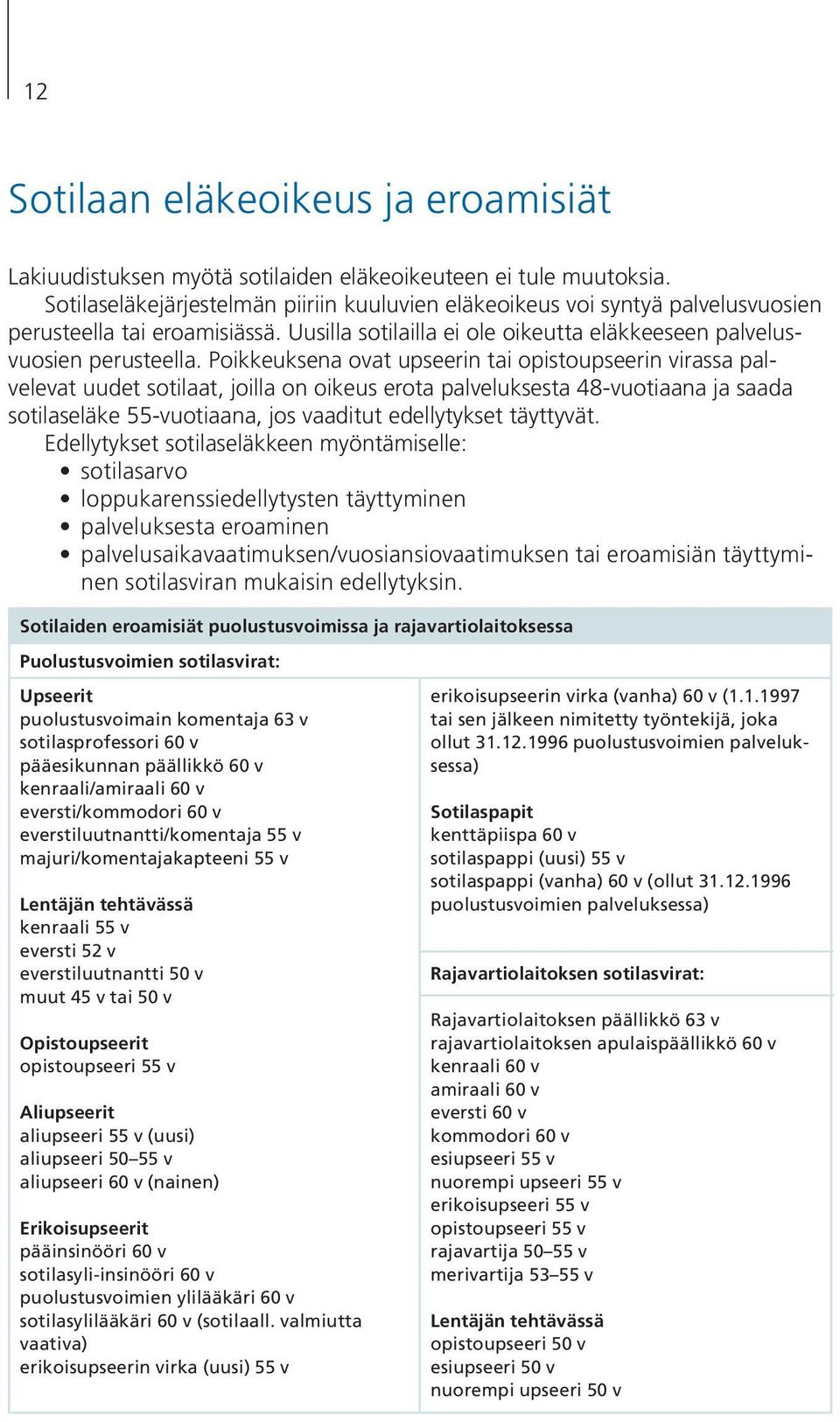 Poikkeuksena ovat upseerin tai opistoupseerin virassa palvelevat uudet sotilaat, joilla on oikeus erota palveluksesta 48-vuotiaana ja saada sotilaseläke 55-vuotiaana, jos vaaditut edellytykset