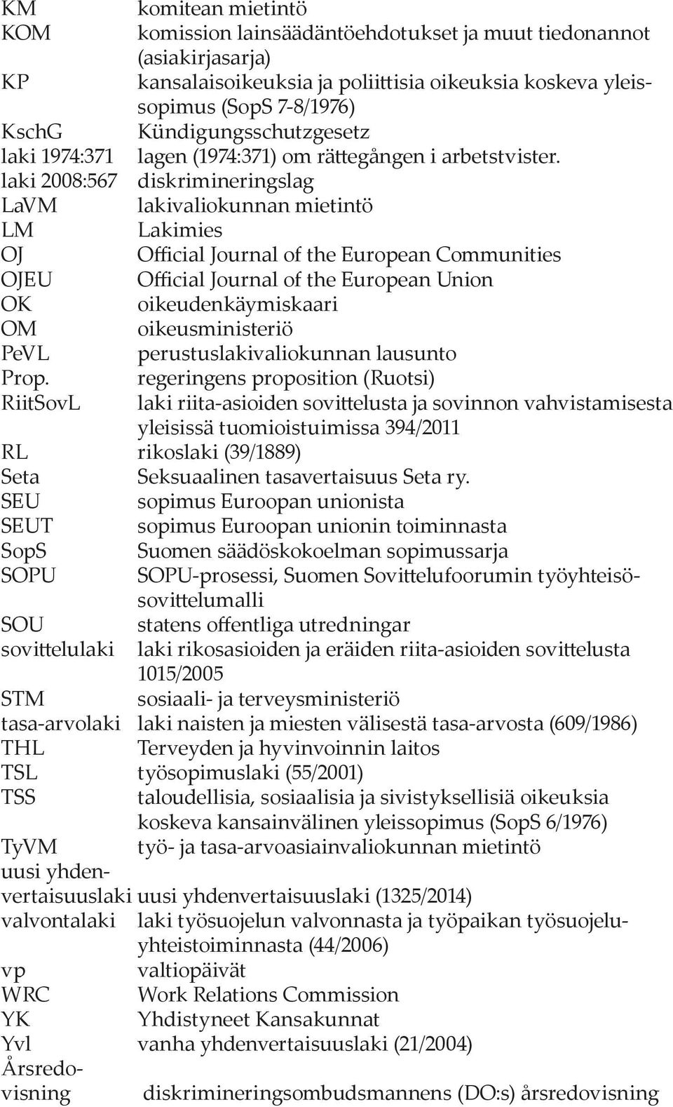 laki 2008:567 diskrimineringslag LaVM lakivaliokunnan mietintö LM Lakimies OJ Official Journal of the European Communities OJEU Official Journal of the European Union OK oikeudenkäymiskaari OM