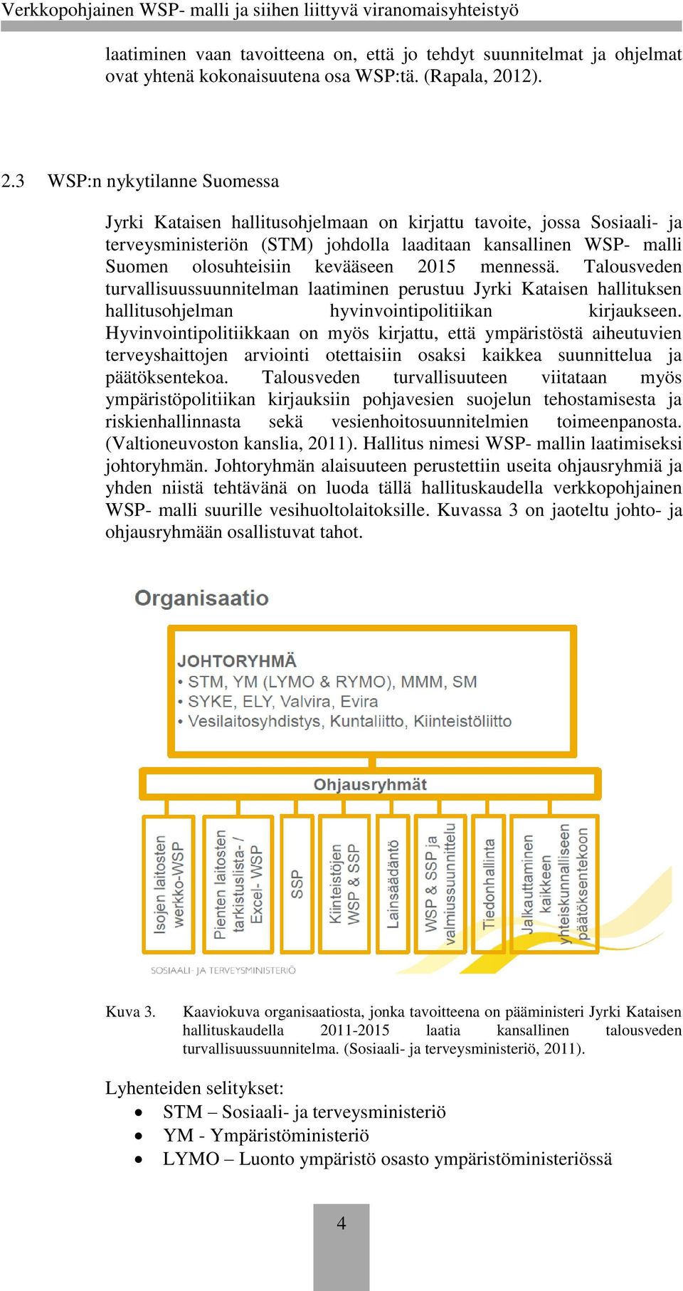 3 WSP:n nykytilanne Suomessa Jyrki Kataisen hallitusohjelmaan on kirjattu tavoite, jossa Sosiaali- ja terveysministeriön (STM) johdolla laaditaan kansallinen WSP- malli Suomen olosuhteisiin kevääseen