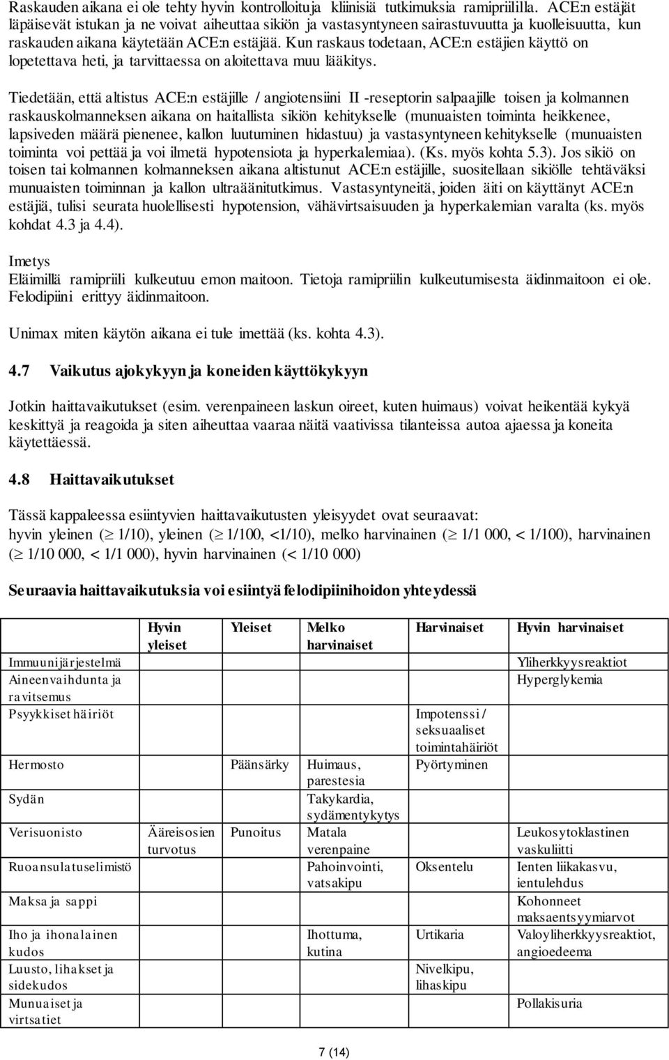 Kun raskaus todetaan, ACE:n estäjien käyttö on lopetettava heti, ja tarvittaessa on aloitettava muu lääkitys.