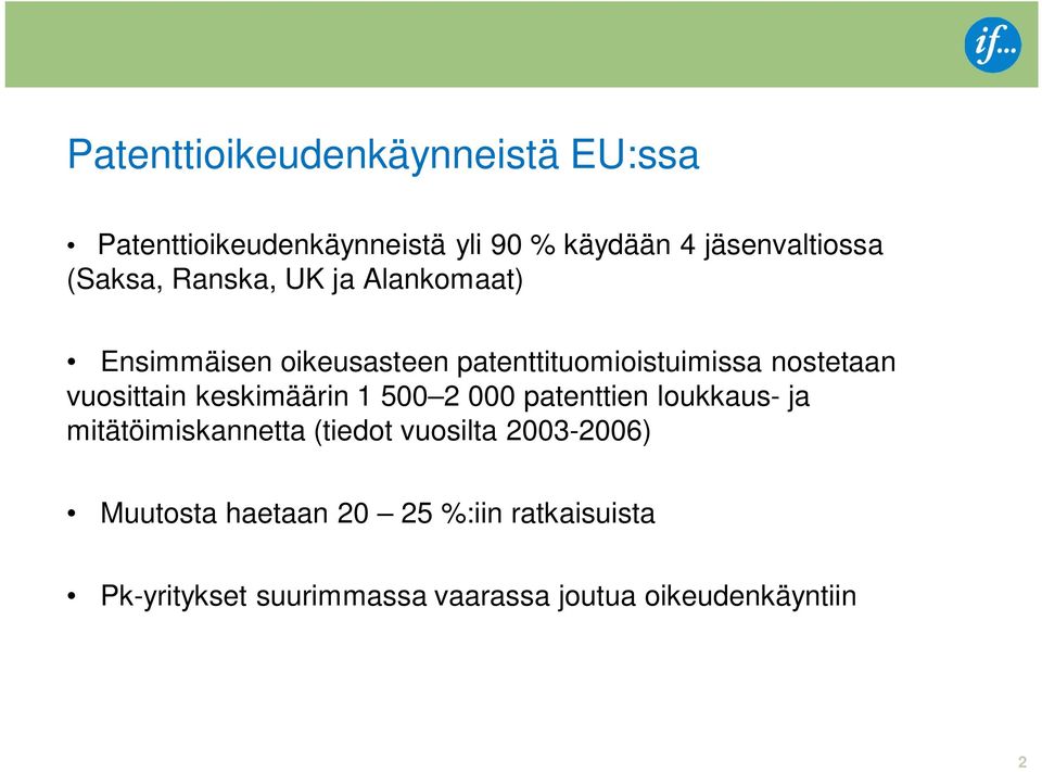 vuosittain keskimäärin 1 500 2 000 patenttien loukkaus- ja mitätöimiskannetta (tiedot vuosilta