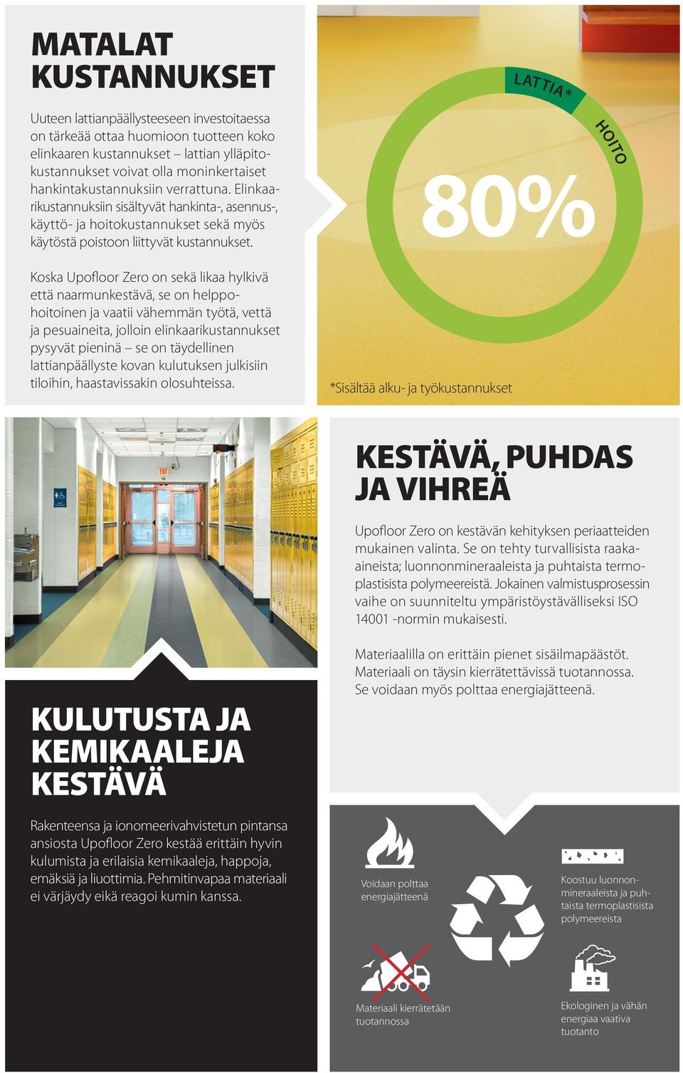 Koska Upofloor Zero on sekä likaa hylkivä että naarmunkestävä, se on helppohoitoinen ja vaatii vähemmän työtä, vettä ja pesuaineita, jolloin elinkaarikustannukset pysyvät pieninä se on täydellinen