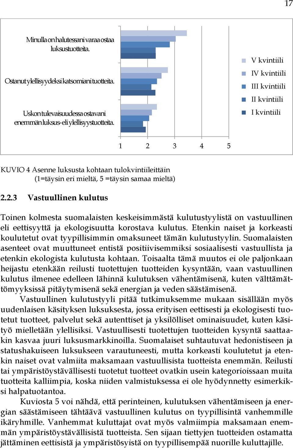 3 4 5 KUVIO 4 Asenne luksusta kohtaan tulokvintiileittäin (1=täysin eri mieltä, 5 =täysin samaa mieltä) 2.