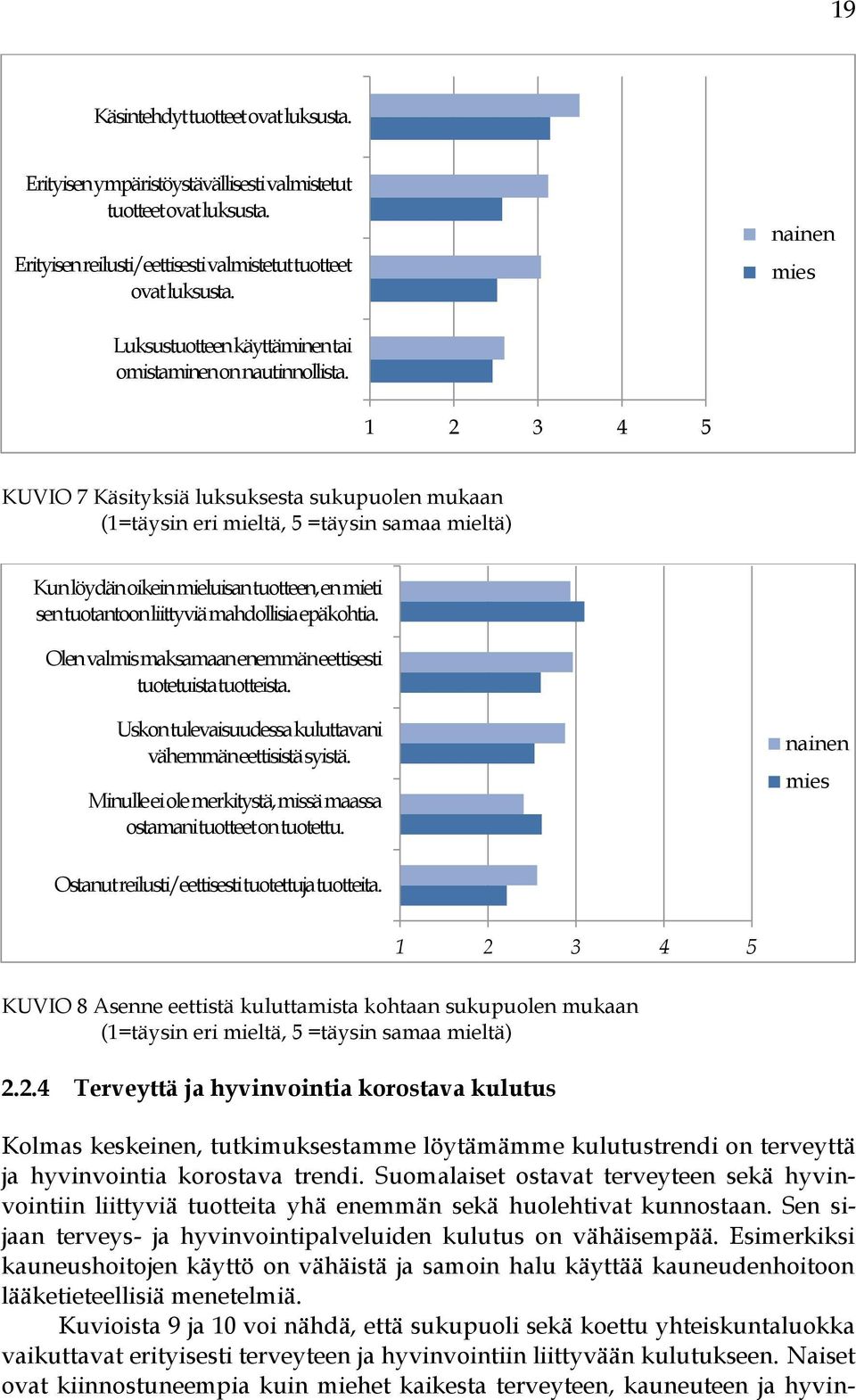 1 2 3 4 5 KUVIO 7 Käsityksiä luksuksesta sukupuolen mukaan (1=täysin eri mieltä, 5 =täysin samaa mieltä) Kun löydän oikein mieluisan tuotteen, en mieti sen tuotantoon liittyviä mahdollisia epäkohtia.