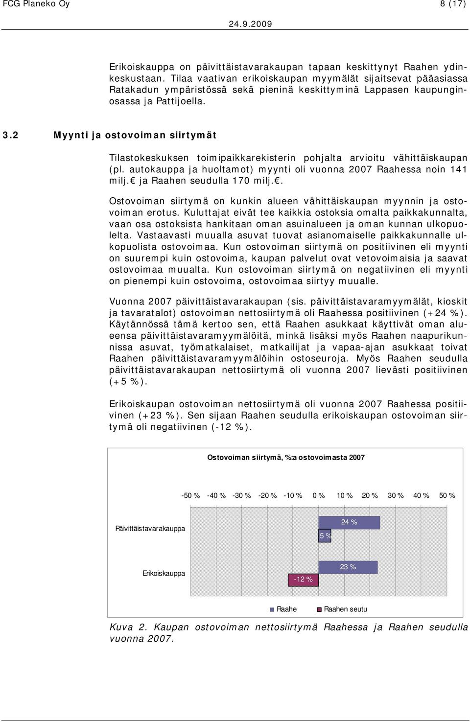 2 Myynti ja ostovoiman siirtymät Tilastokeskuksen toimipaikkarekisterin pohjalta arvioitu vähittäiskaupan (pl. autokauppa ja huoltamot) myynti oli vuonna 2007 Raahessa noin 141 milj.