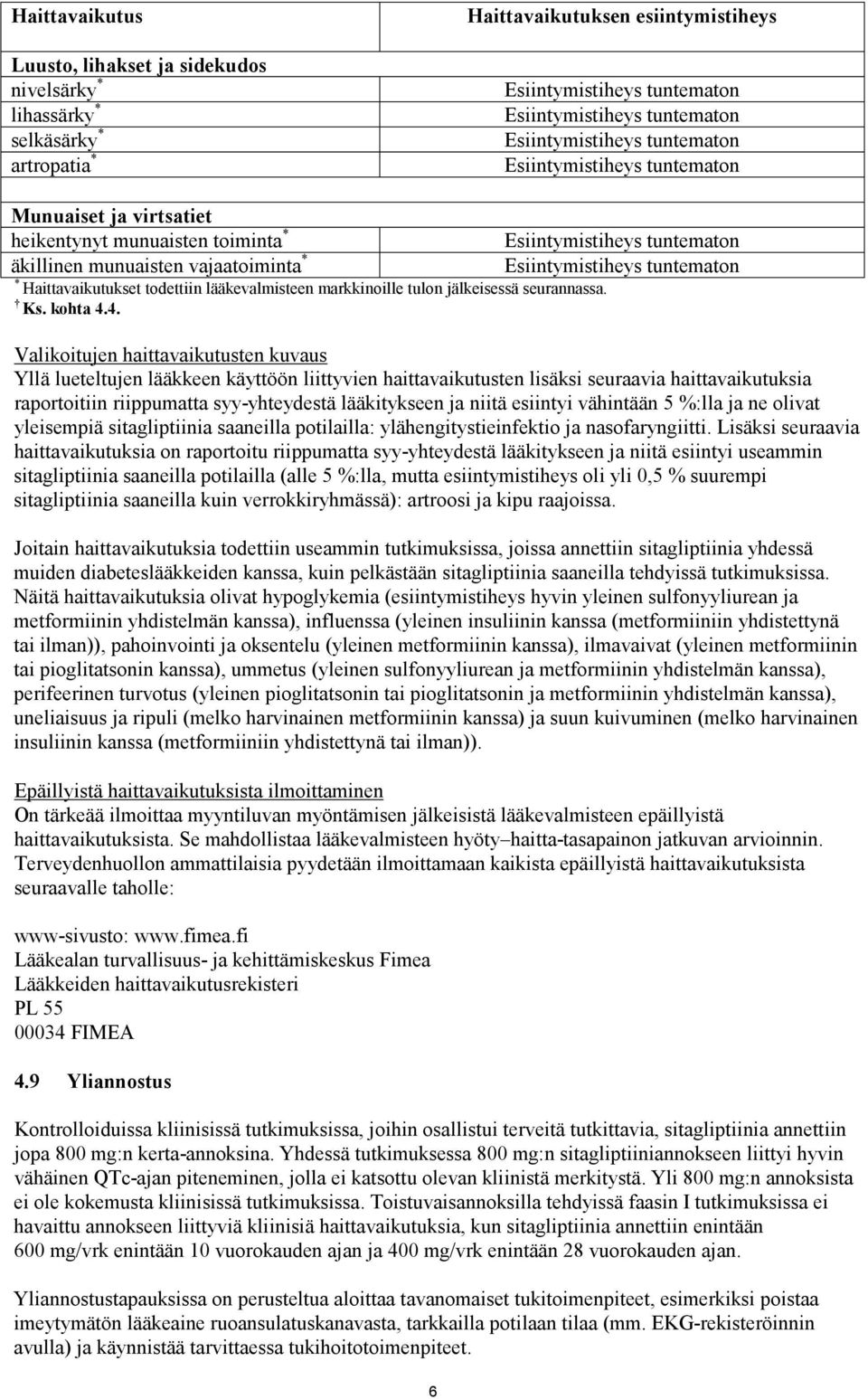 4. 6 Valikoitujen haittavaikutusten kuvaus Yllä lueteltujen lääkkeen käyttöön liittyvien haittavaikutusten lisäksi seuraavia haittavaikutuksia raportoitiin riippumatta syy-yhteydestä lääkitykseen ja