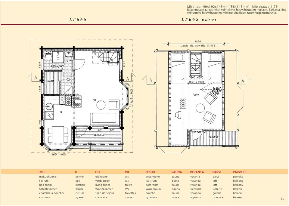 LT66S parvi 3850 Lattia-ala parvella 18 M2 MH K OH WC PESUH SAUNA VERANTA PARVI PARVEKE makuuhuone keittiö olohuone wc pesuhuone sauna veranta parvi parveke sovrum kök vardagsrum