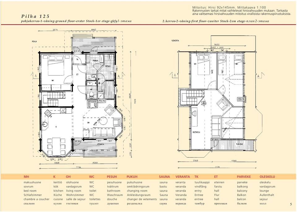 kerros-2-våning-first floor-zweiter Stock-2em etage-gkfy 2-pnf;f MH K OH WC PESUH PUKUH SAUNA VERANTA TK ET PARVEKE OLESKELU makuuhuone keittiö olohuone WC pesuhuone pukuhuone sauna veranta