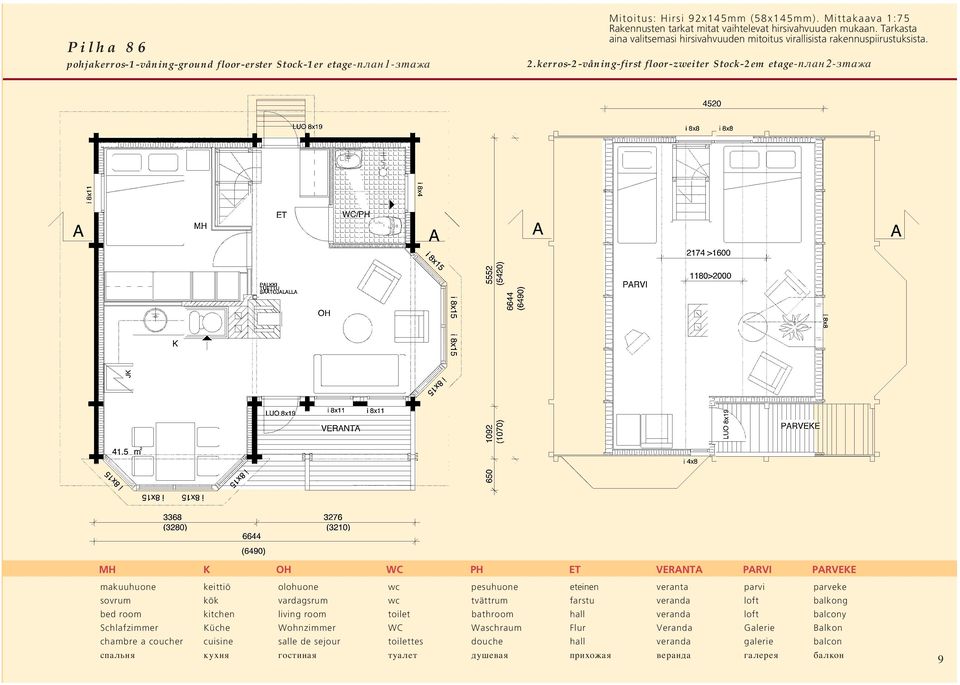 kerros-2-våning-first floor-zweiter Stock-2em etage-gkfy 2-pnf;f MH K OH WC PH ET VERANTA PARVI PARVEKE makuuhuone keittiö olohuone wc pesuhuone eteinen veranta parvi parveke sovrum kök vardagsrum wc