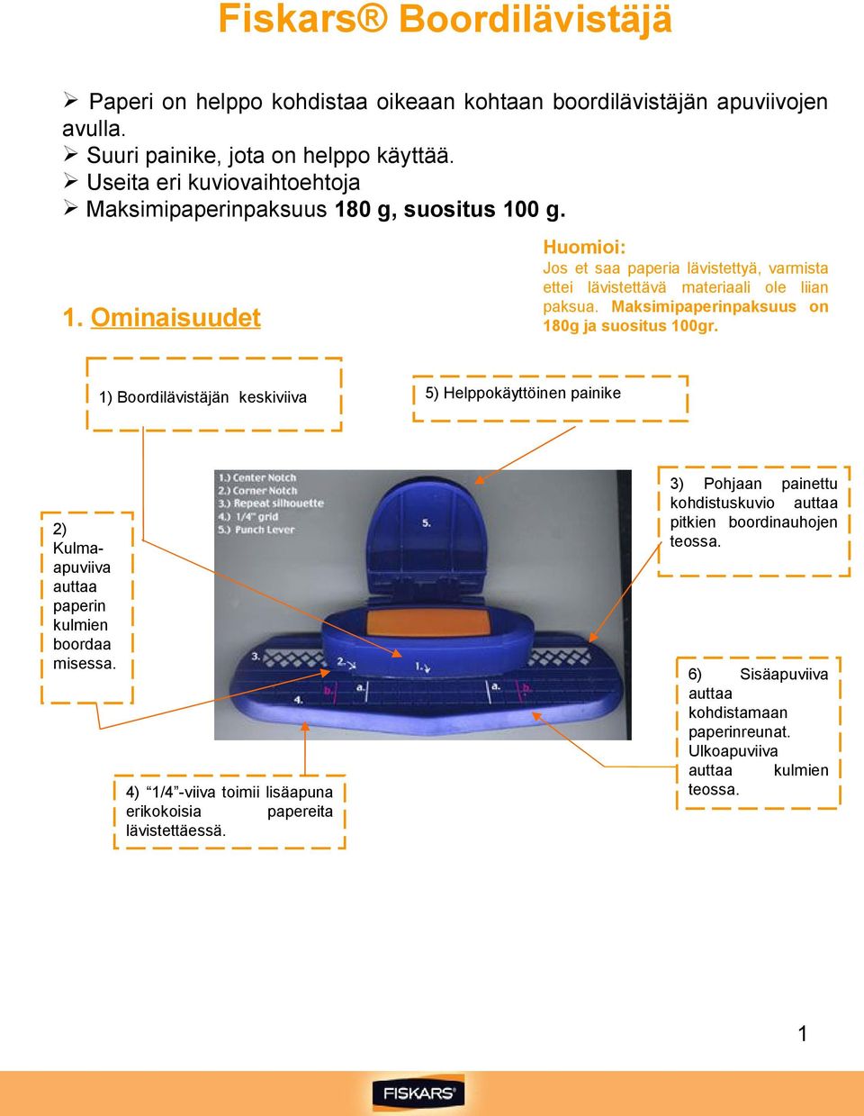 Maksimipaperinpaksuus on 180g ja suositus 100gr. 1) Boordilävistäjän keskiviiva 5) Helppokäyttöinen painike 2) Kulmaapuviiva auttaa paperin kulmien boordaa misessa.