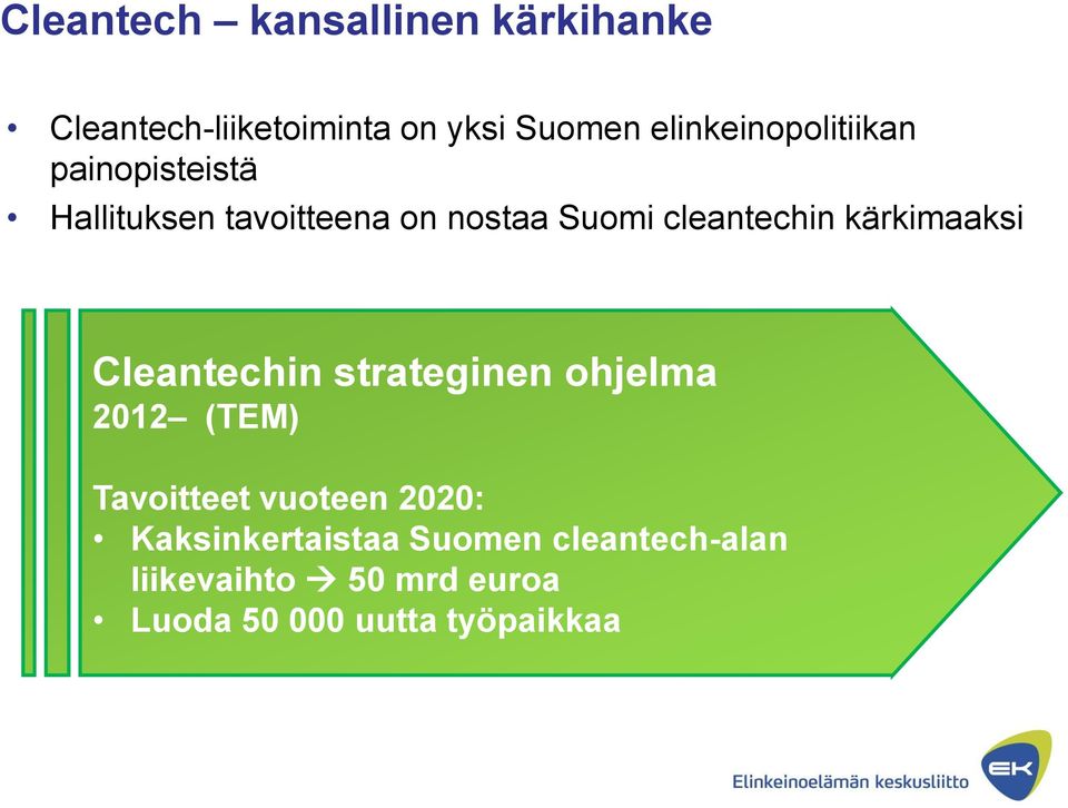 cleantechin kärkimaaksi Cleantechin strateginen ohjelma 2012 (TEM) Tavoitteet