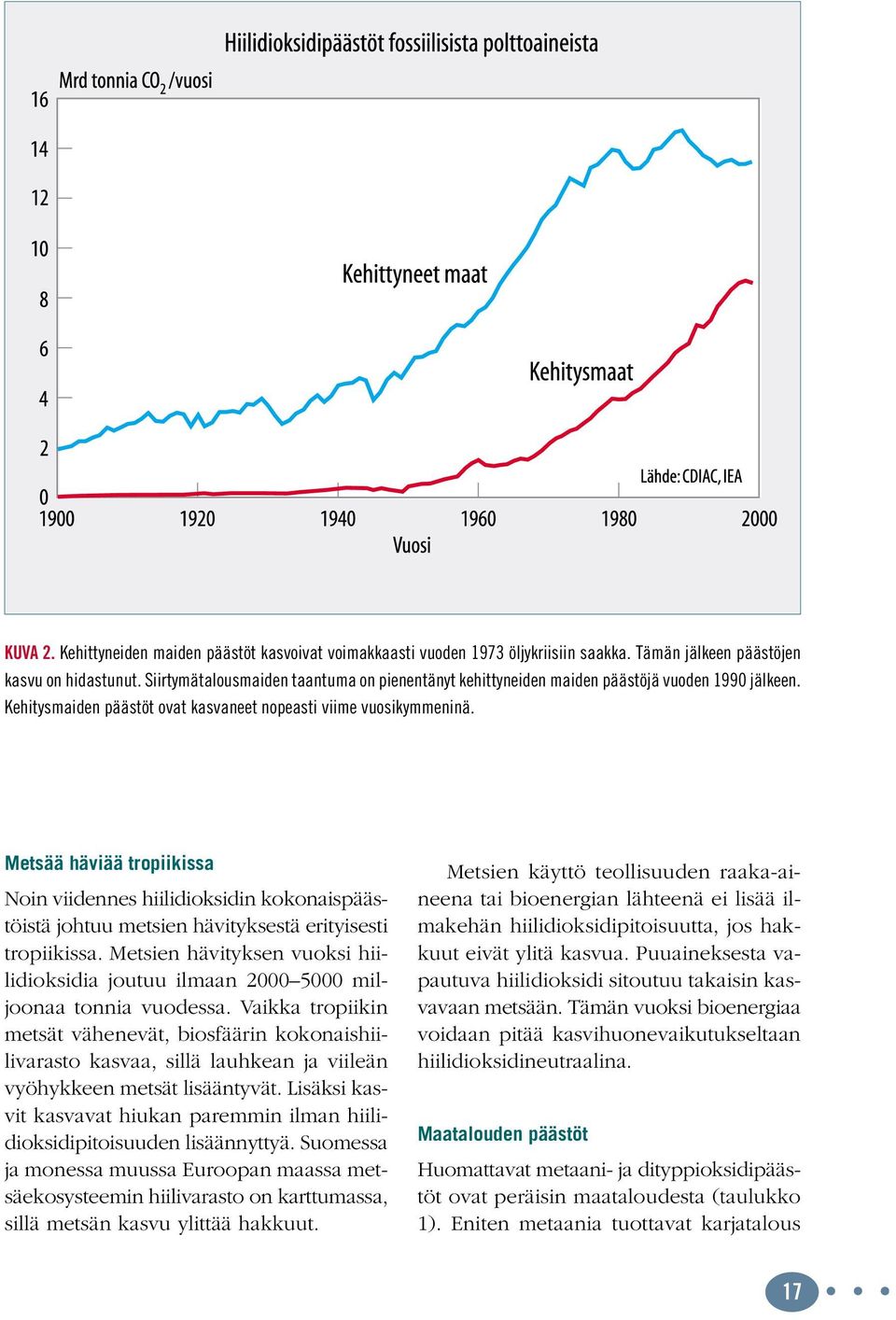 Metsää häviää tropiikissa Noin viidennes hiilidioksidin kokonaispäästöistä johtuu metsien hävityksestä erityisesti tropiikissa.