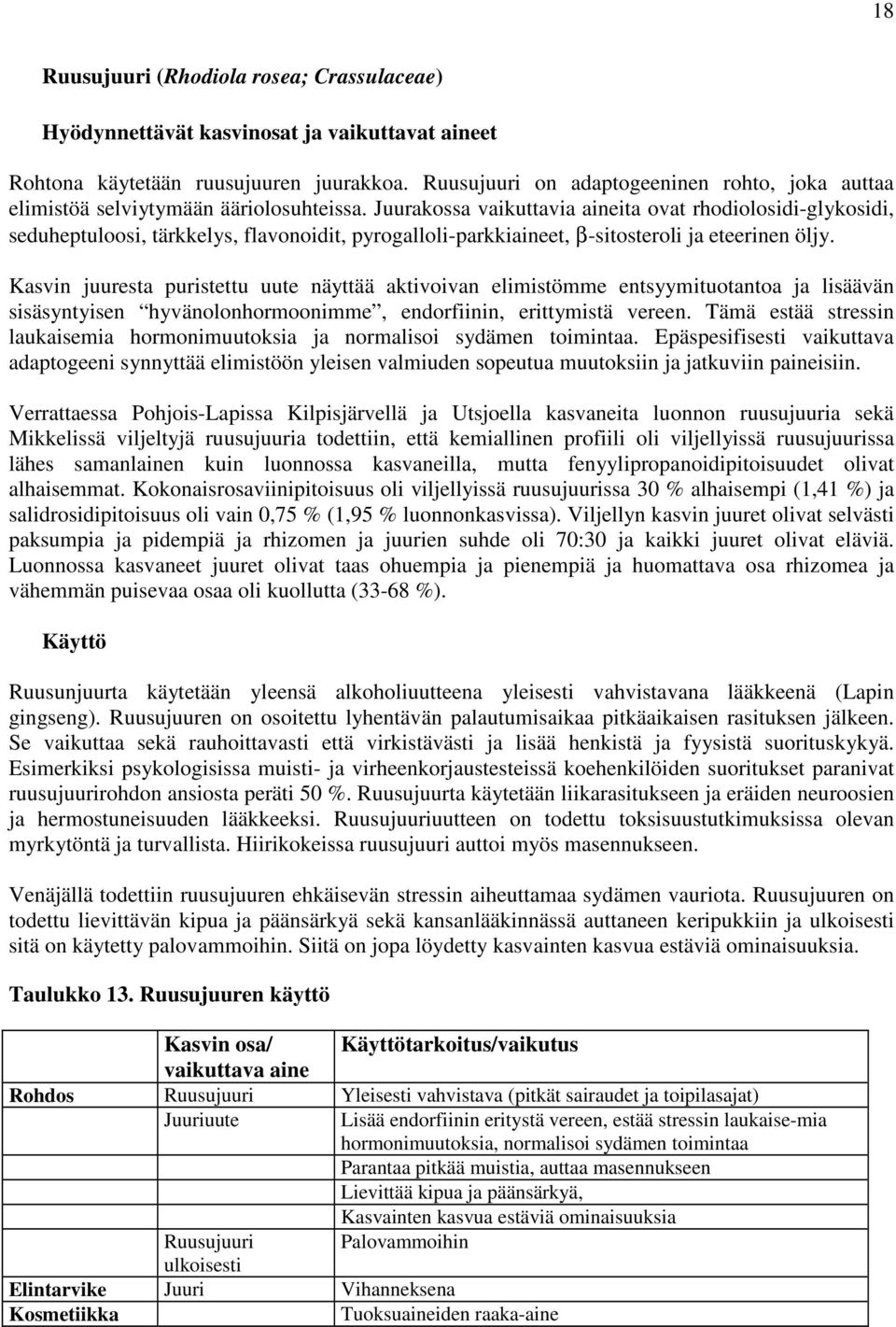 Juurakossa vaikuttavia aineita ovat rhodiolosidi-glykosidi, seduheptuloosi, tärkkelys, flavonoidit, pyrogalloli-parkkiaineet, β-sitosteroli ja eteerinen öljy.