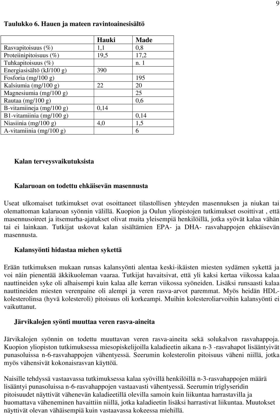 Niasiinia (mg/100 g) 4,0 1,5 A-vitamiinia (mg/100 g) 6 Kalan terveysvaikutuksista Kalaruoan on todettu ehkäisevän masennusta Useat ulkomaiset tutkimukset ovat osoittaneet tilastollisen yhteyden