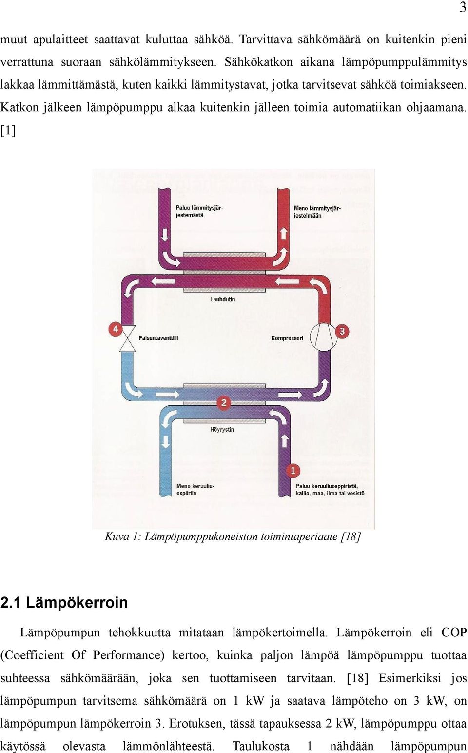 Katkon jälkeen lämpöpumppu alkaa kuitenkin jälleen toimia automatiikan ohjaamana. [1] Kuva 1: Lämpöpumppukoneiston toimintaperiaate [18] 2.