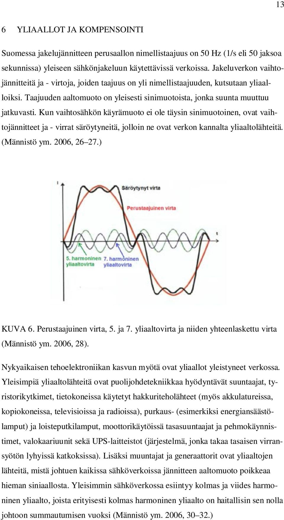 Kun vaihtosähkön käyrämuoto ei ole täysin sinimuotoinen, ovat vaihtojännitteet ja - virrat säröytyneitä, jolloin ne ovat verkon kannalta yliaaltolähteitä. (Männistö ym. 2006, 26 27.) KUVA 6.