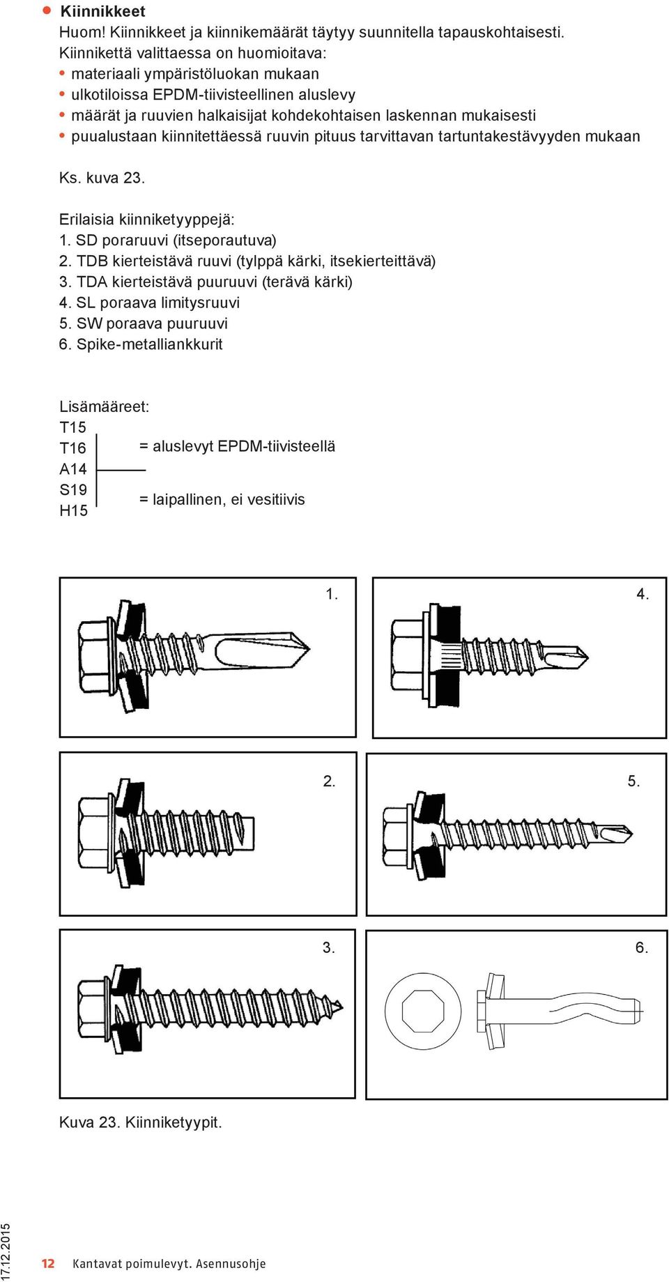 puualustaan kiinnitettäessä ruuvin pituus tarvittavan tartuntakestävyyden mukaan Ks. kuva 23. Erilaisia kiinniketyyppejä: 1. SD poraruuvi (itseporautuva) 2.
