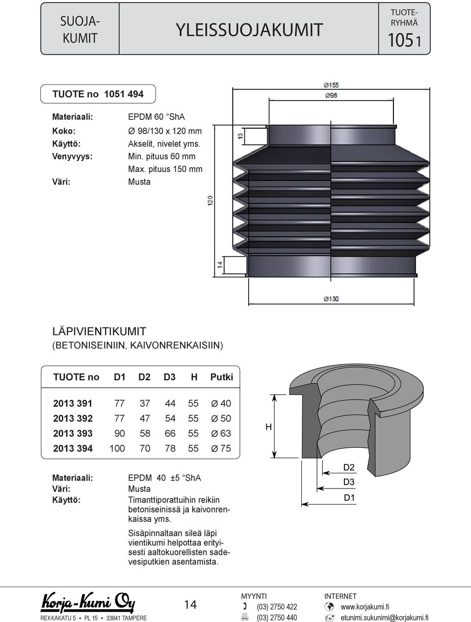 392 77 47 54 55 Ø 50 2013 393 90 58 66 55 Ø 63 2013 394 100 70 78 55 Ø 75 EPDM 40 ±5 ShA Timanttiporattuihin