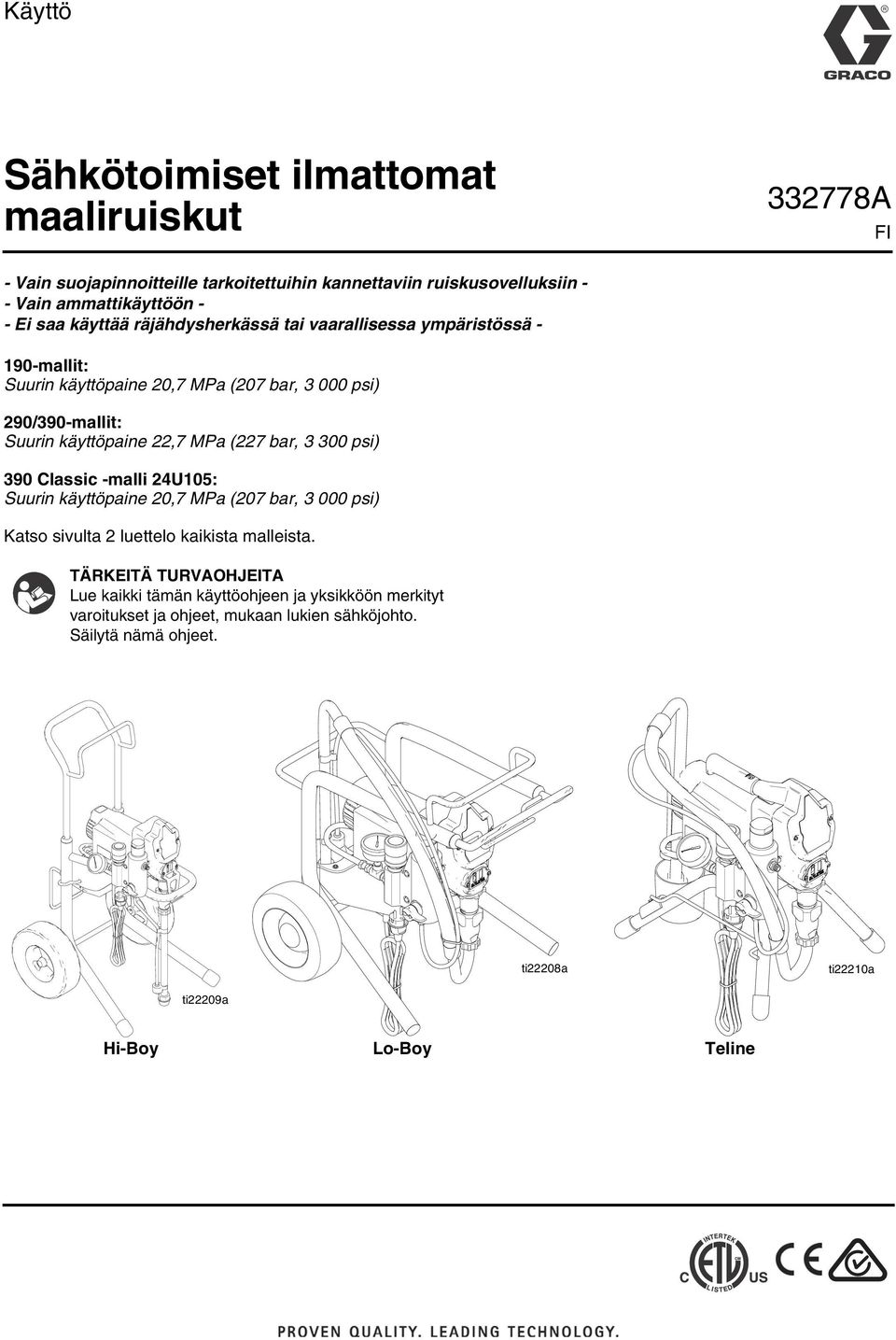 (227 bar, 3 300 psi) 390 Classic -malli 24U105: Suurin käyttöpaine 20,7 MPa (207 bar, 3 000 psi) Katso sivulta 2 luettelo kaikista malleista.