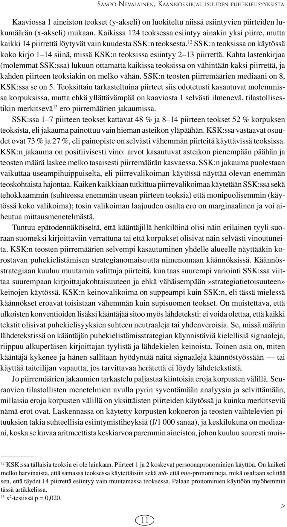 12 SSK:n teoksissa on käytössä koko kirjo 1 14 siinä, missä KSK:n teoksissa esiintyy 2 13 piirrettä.