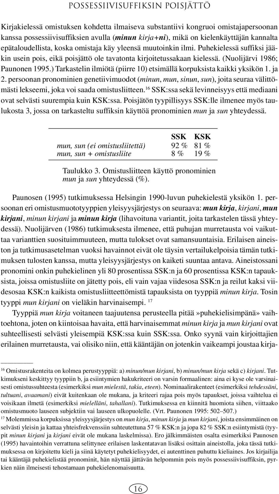 (Nuolijärvi 1986; Paunonen 1995.) Tarkastelin ilmiötä (piirre 10) etsimällä korpuksista kaikki yksikön 1. ja 2.