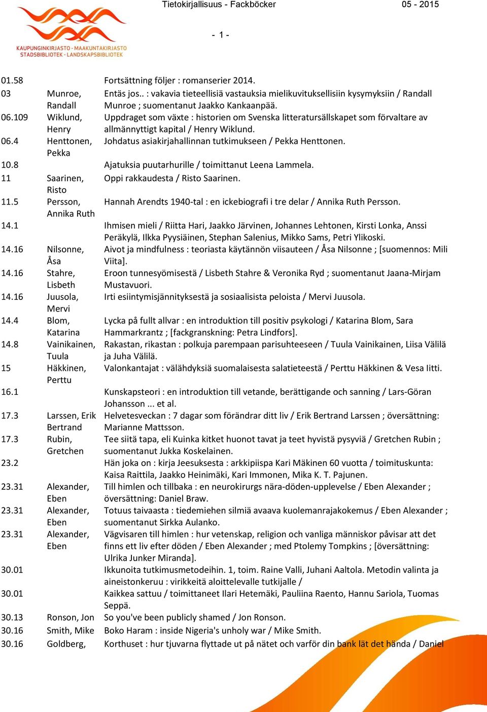 4 Henttonen, Johdatus asiakirjahallinnan tutkimukseen / Pekka Henttonen. Pekka 10.8 Ajatuksia puutarhurille / toimittanut Leena Lammela. 11 Saarinen, Oppi rakkaudesta / Risto Saarinen. Risto 11.