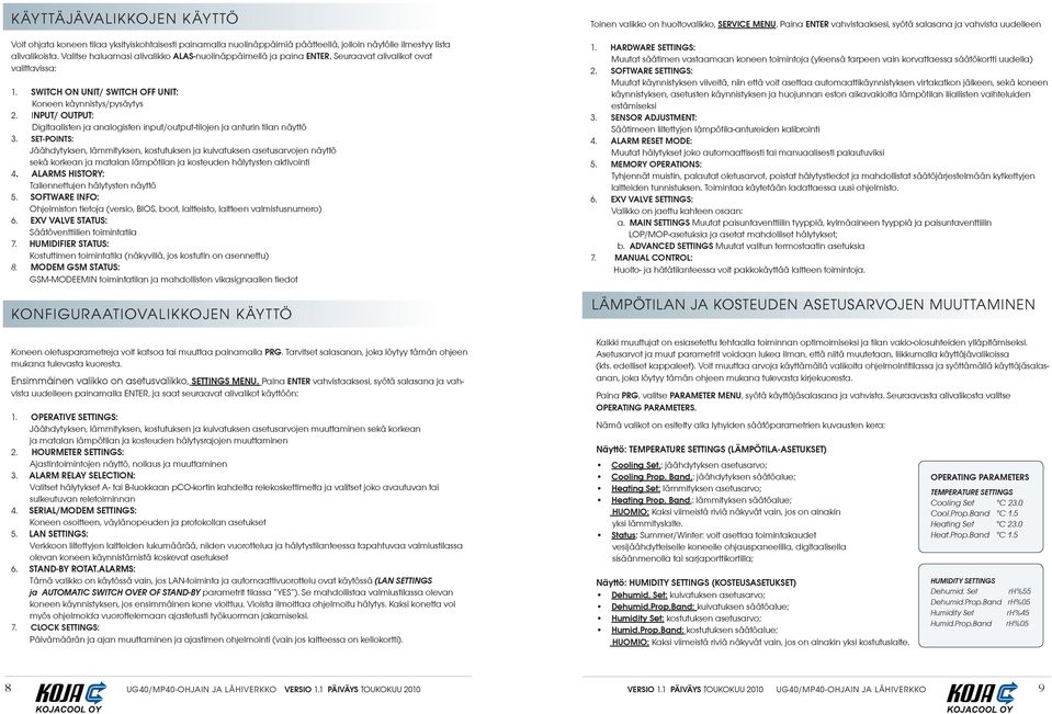 IPUT/ OUTPUT: Digitaalisten ja analogisten input/output-tilojen ja anturin tilan näyttö 3.