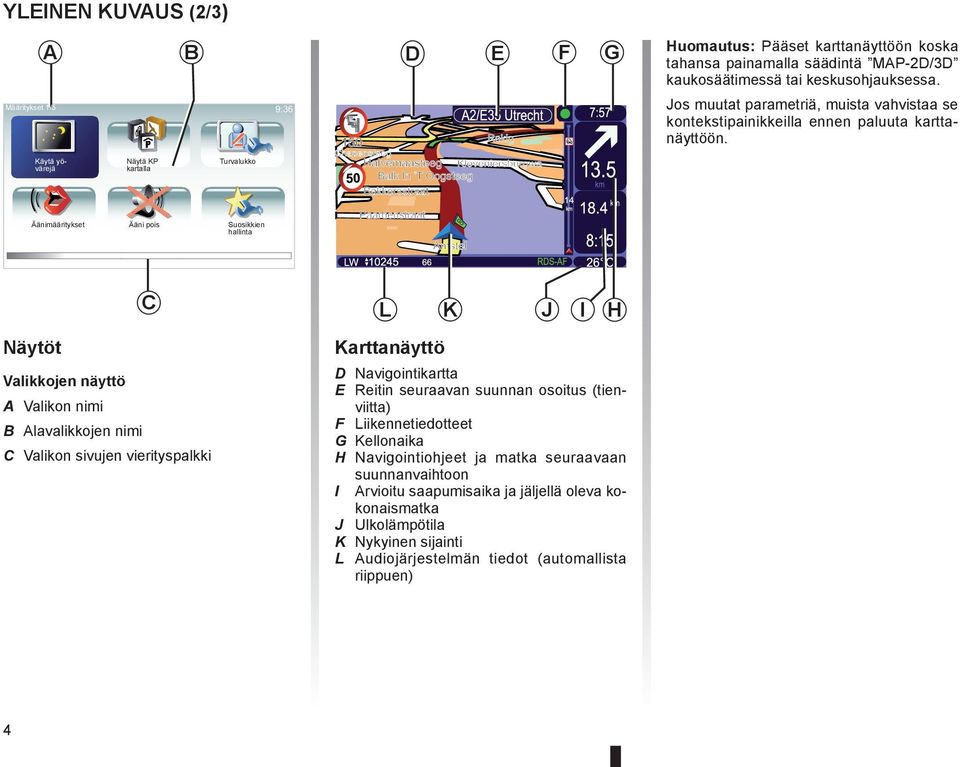 Käytä yövärejä Näytä KP kartalla Turvalukko Äänimääritykset Ääni pois Suosikkien hallinta GO C L K J I H Näytöt Valikkojen näyttö A Valikon nimi B Alavalikkojen nimi C Valikon sivujen