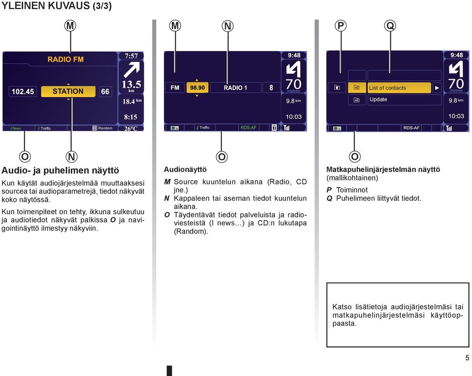 Audionäyttö O M Source kuuntelun aikana (Radio, CD jne.) N Kappaleen tai aseman tiedot kuuntelun aikana.
