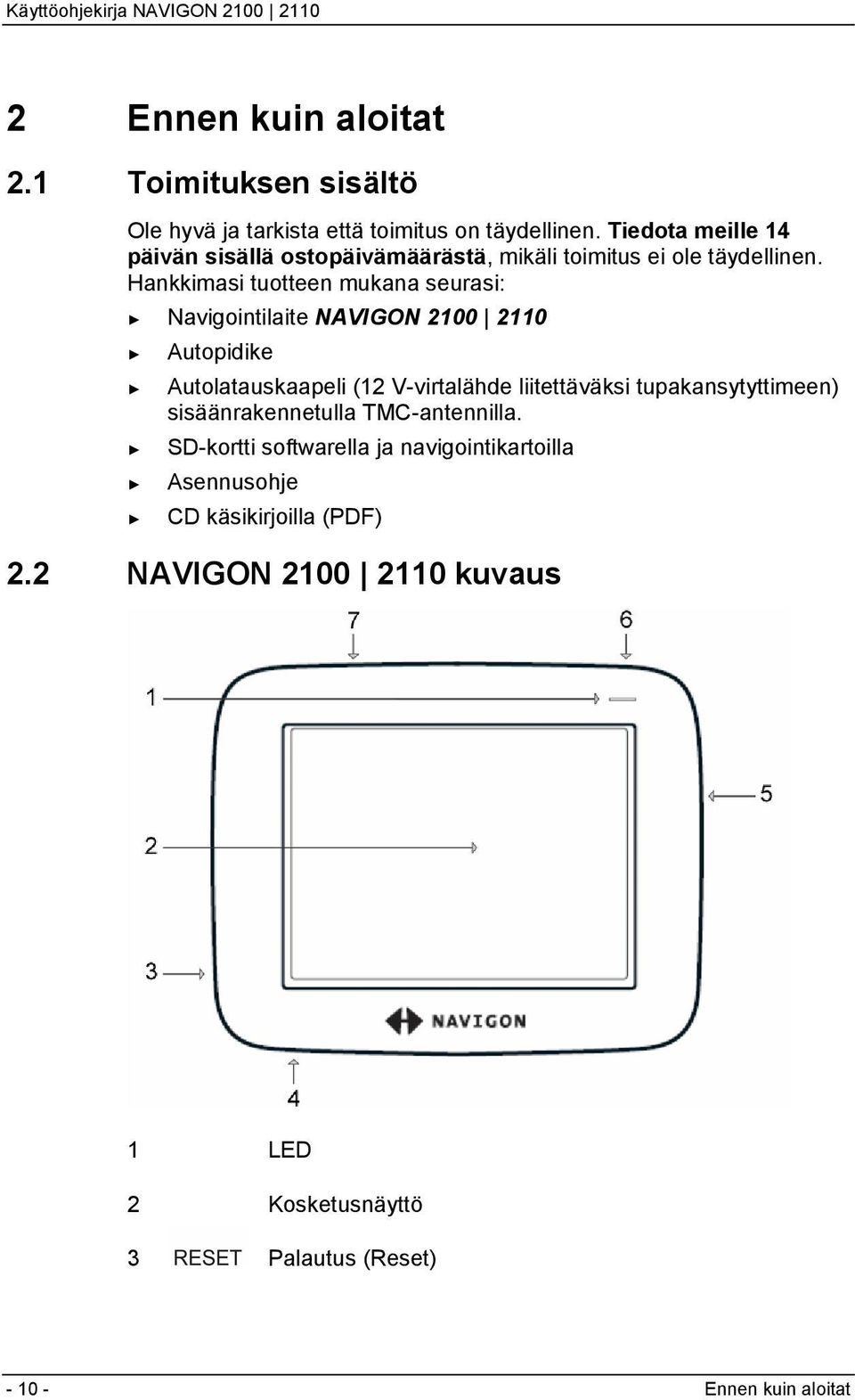 Hankkimasi tuotteen mukana seurasi: Navigointilaite NAVIGON 2100 2110 Autopidike Autolatauskaapeli (12 V-virtalähde liitettäväksi