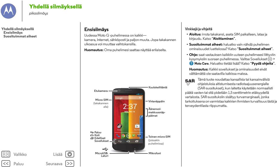 Etukamera Micro-SIM (takakannen alla) 2:37 WED, DEC 18 2:37 Kuulokeliitäntä Virtanäppäin Äänenvoimakkuusnäppäimet Vinkkejä ja vihjeitä Aloitus: irrota takakansi, aseta SIM paikalleen, lataa ja