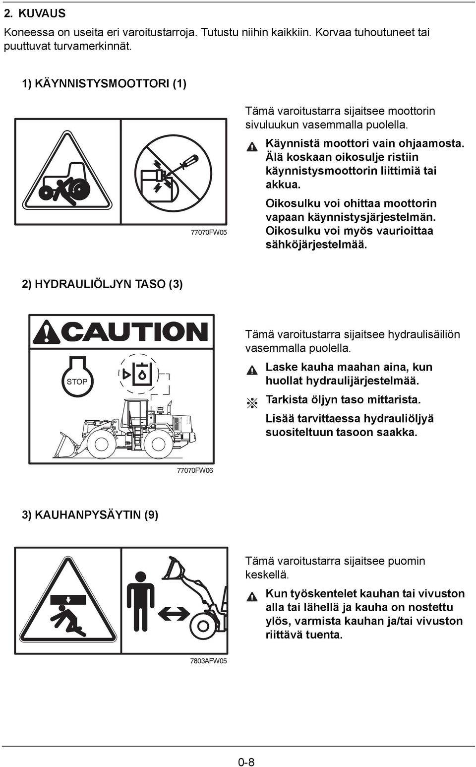 Älä koskaan oikosulje ristiin käynnistysmoottorin liittimiä tai akkua. Oikosulku voi ohittaa moottorin vapaan käynnistysjärjestelmän. Oikosulku voi myös vaurioittaa sähköjärjestelmää.