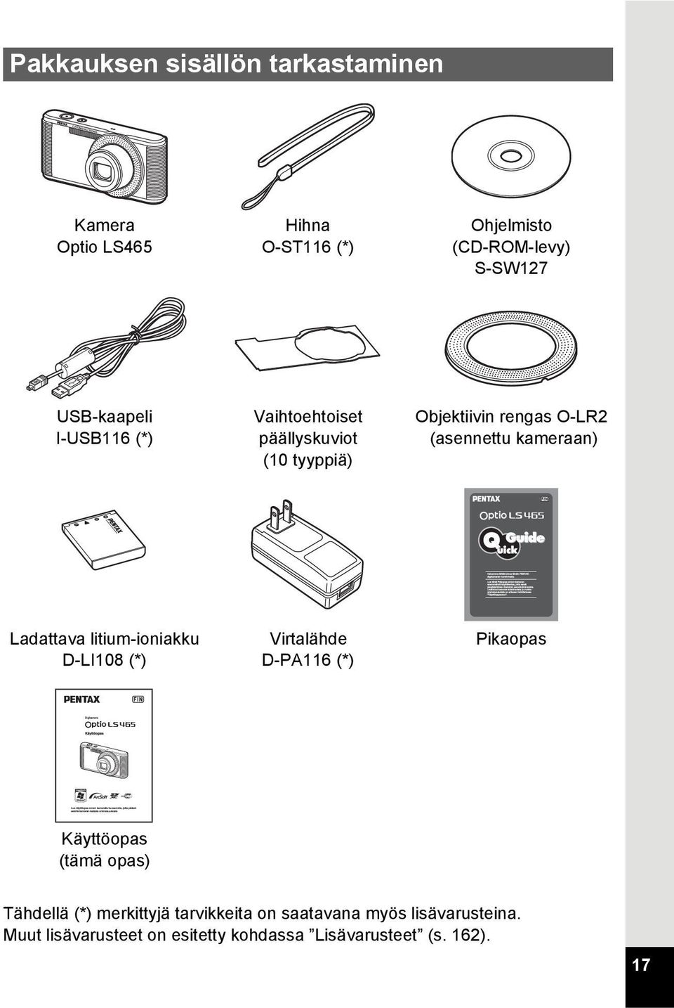 kameraan) Ladattava litium-ioniakku D-LI108 (*) Virtalähde D-PA116 (*) Pikaopas Käyttöopas (tämä opas) Tähdellä