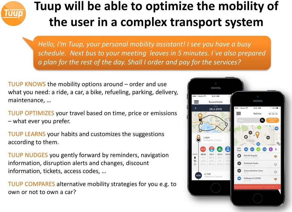 TUUP KNOWS the mobility options around order and use what you need: a ride, a car, a bike, refueling, parking, delivery, maintenance, TUUP OPTIMIZES your travel based on time, price or emissions what