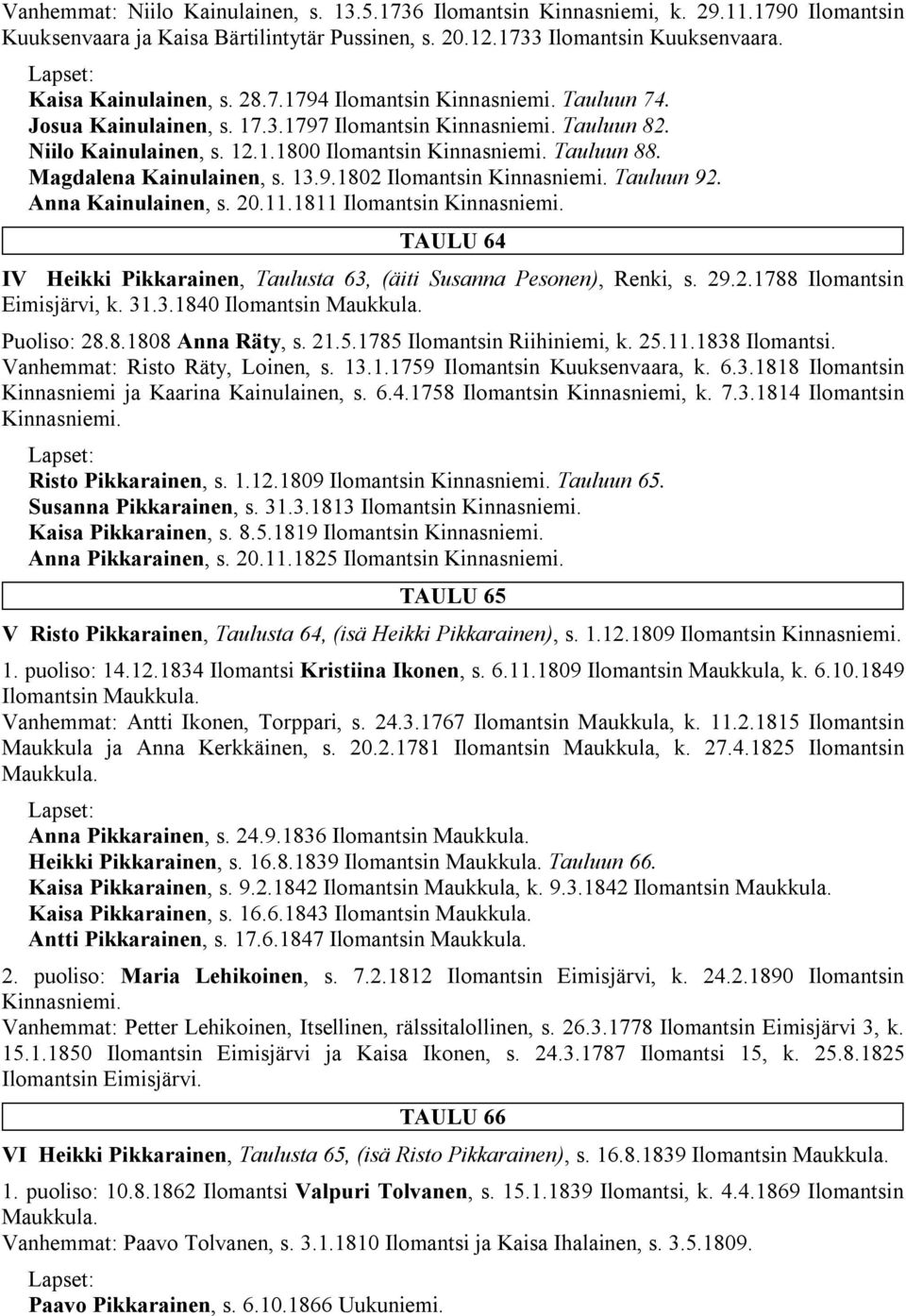 Magdalena Kainulainen, s. 13.9.1802 Ilomantsin Kinnasniemi. Tauluun 92. Anna Kainulainen, s. 20.11.1811 Ilomantsin Kinnasniemi.