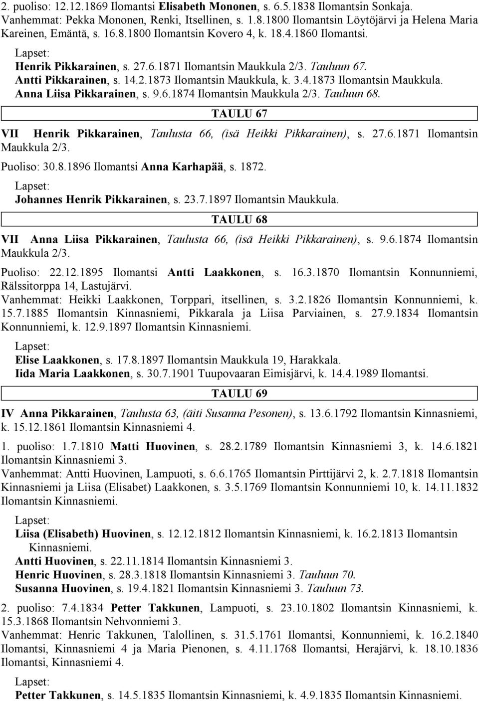 k. 3.4.1873 Ilomantsin Maukkula. Anna Liisa Pikkarainen, s. 9.6.1874 Ilomantsin Maukkula 2/3. Tauluun 68. TAULU 67 VII Henrik Pikkarainen, Taulusta 66, (isä Heikki Pikkarainen), s. 27.6.1871 Ilomantsin Maukkula 2/3.