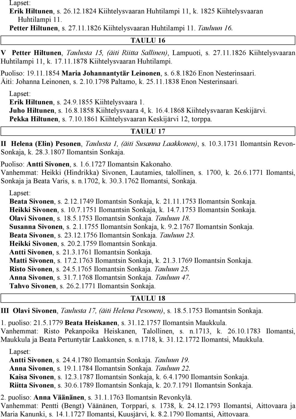 6.8.1826 Enon Nesterinsaari. Äiti: Johanna Leinonen, s. 2.10.1798 Paltamo, k. 25.11.1838 Enon Nesterinsaari. Erik Hiltunen, s. 24.9.1855 Kiihtelysvaara 1. Juho Hiltunen, s. 16.8.1858 Kiihtelysvaara 4, k.